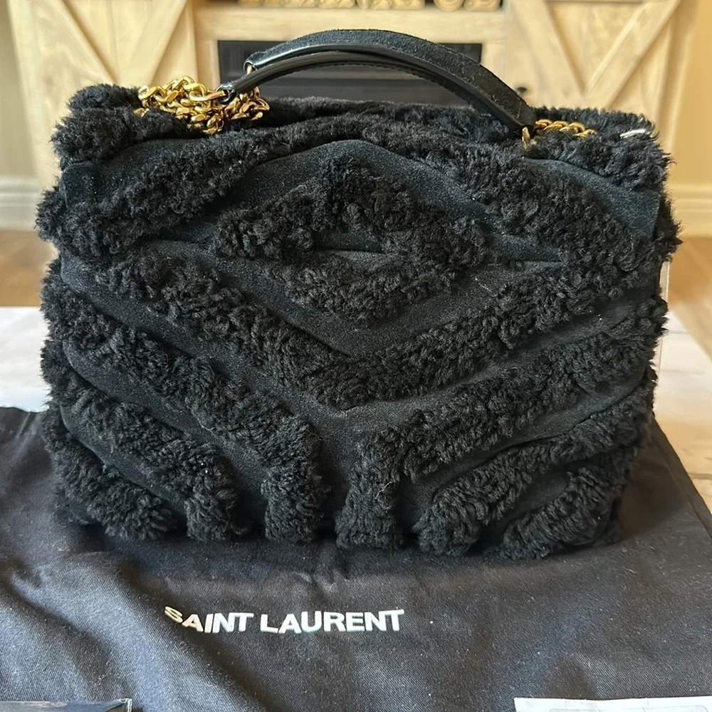 Authentic Yves Saint Laurent Black Loulou Suede & Shearling Shoulder Bag
